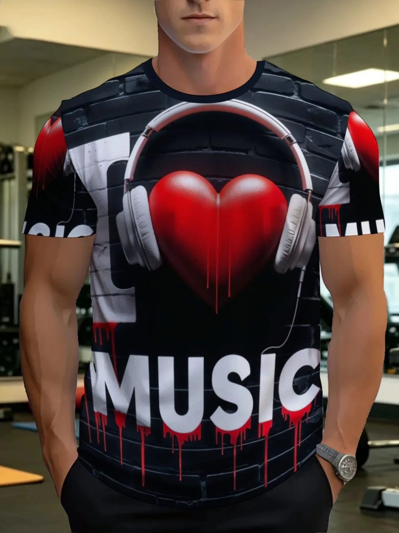 Men Music Headphone Red Heart Brick Wall Print Crew Neck T Shirt Black Short Sleeve Hip Hop Casual Tops