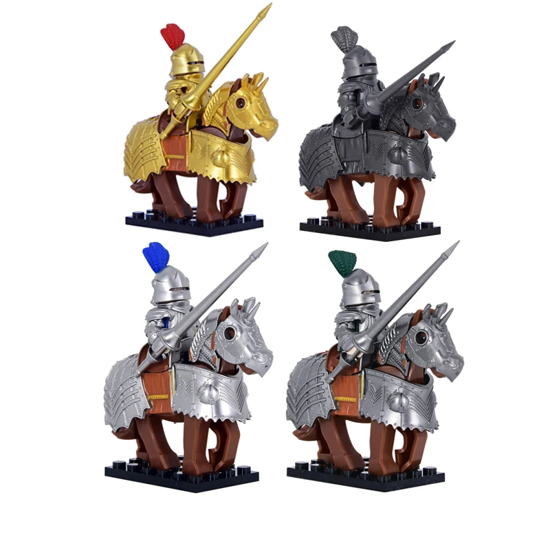 Cavaleiro gótico cinza prateado em cavalo de guerra, armadura detalhada, armaduras de cavalo, bloco de construção, brinquedo perfeito para entusiastas medievais