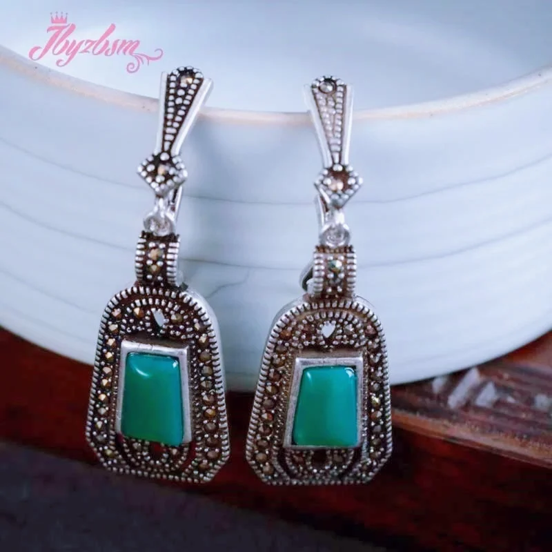 

5x9mm Trapezoid Inlaid Marcastie Stone Beads Tibetan Silver Fashion Gift Dangle Huggie For Woman Jewelry Earring 1 Pair