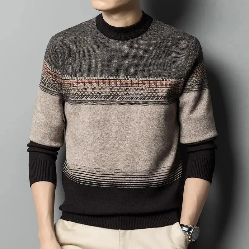 

Autumn Winter Half Turtleneck Cardigan Middle-aged Men Thickened Warm Sweater Striped Knitted Round Neck Bottoming
