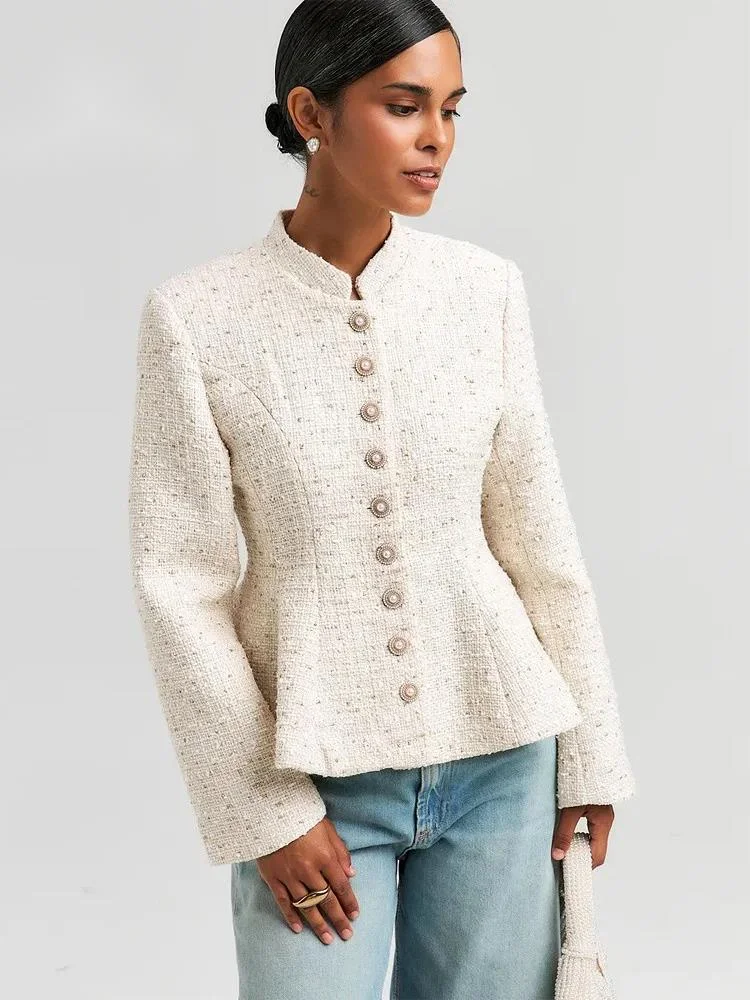 Classy Chic Commute Women Top Autumn  French Style Stand Neck Full Sleeves Blouse Classic Texture Slim Senior Coat