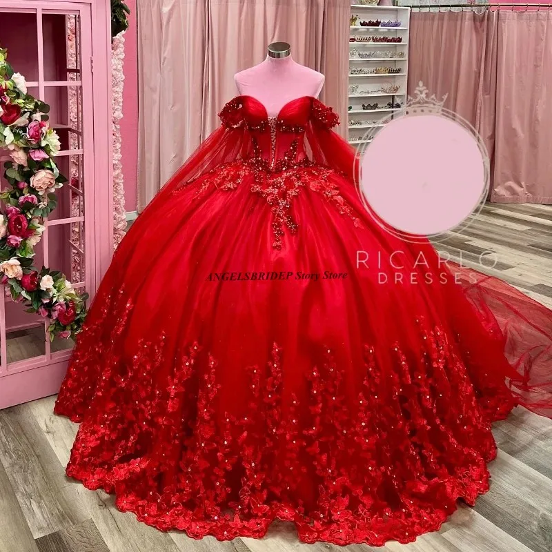 Angelsbridep Luxe Rode Quinceanera Jurken 2024 Pailletten Applique Kralen Tule Sweet 16 Jaar Vestidos De 15 Anos Rechtbank Trein