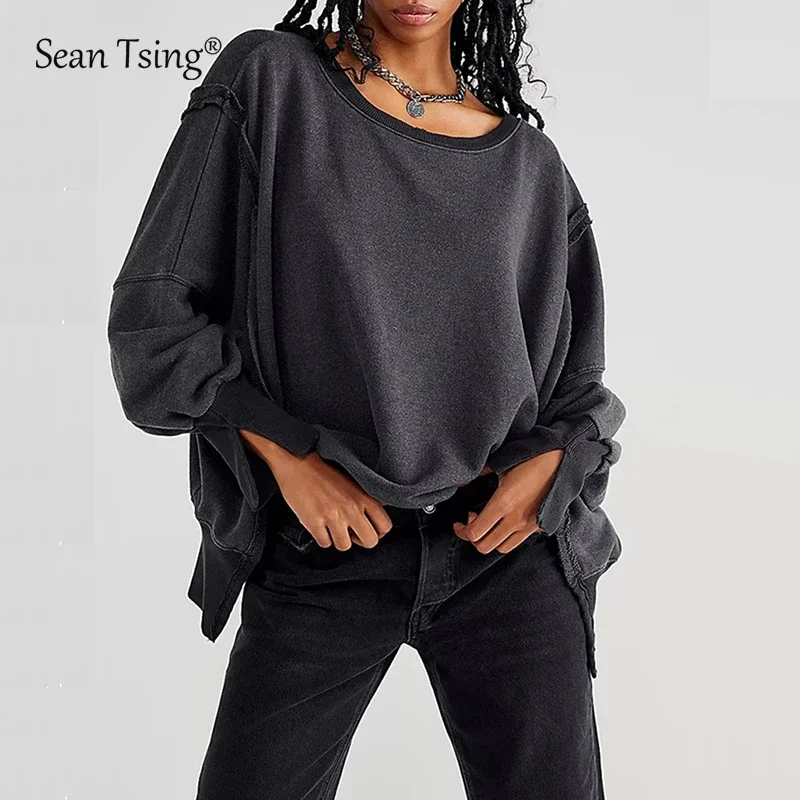 Sean Tsing® Oversized Sweatshirts 100% Cotton Women Long Sleeve Patchwork Loose Hoodies Streetwear Autumn Winter Casual Pullover