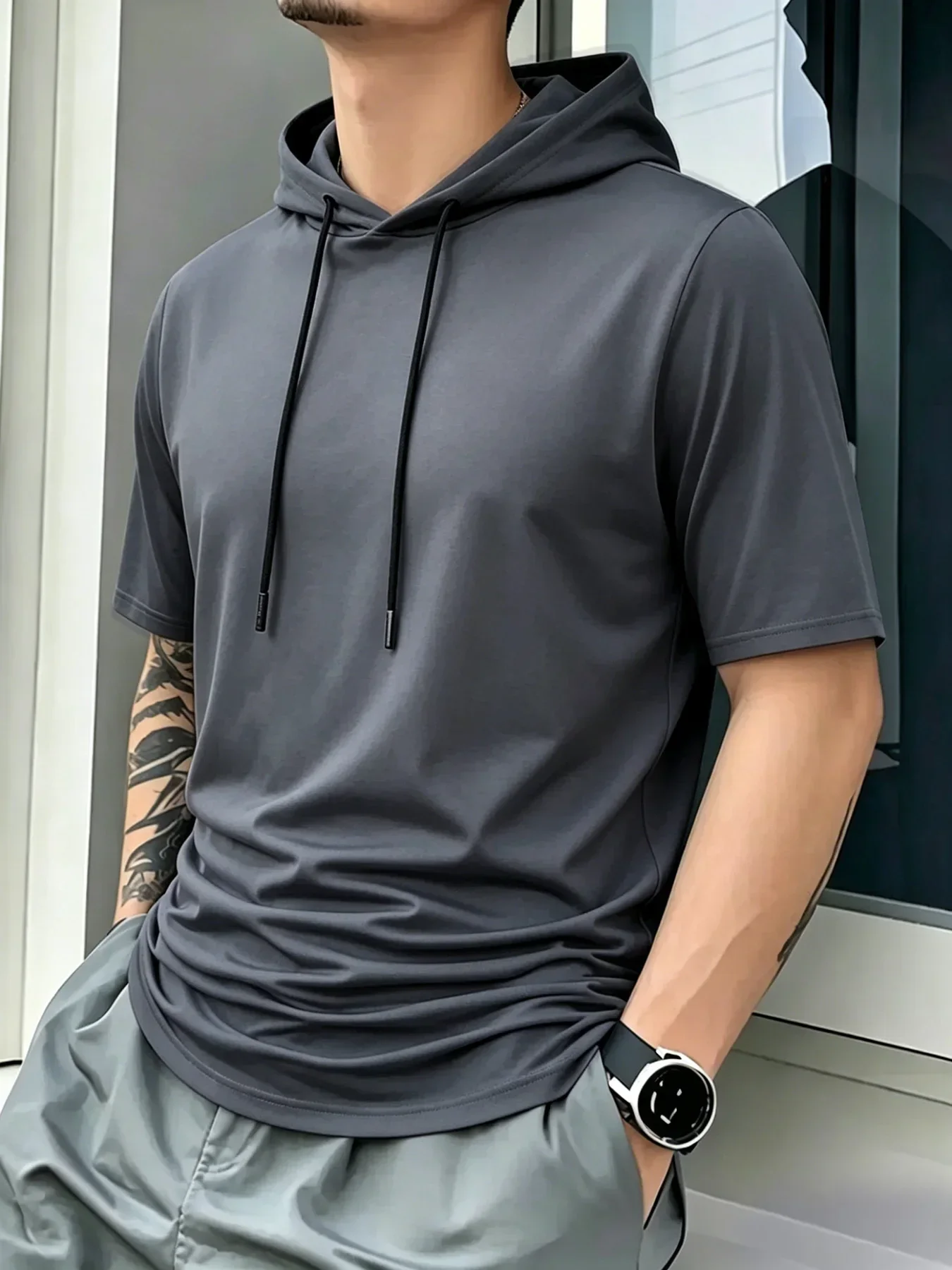 Herren-T-Shirt mit kurzen Ärmeln und Kapuze, atmungsaktiv, schnell trocknend, Anti-Pilling-Kapuze mit Kordelzug, lässiger Slim-Fit-Streetwear-Sportpullover – Detail 9