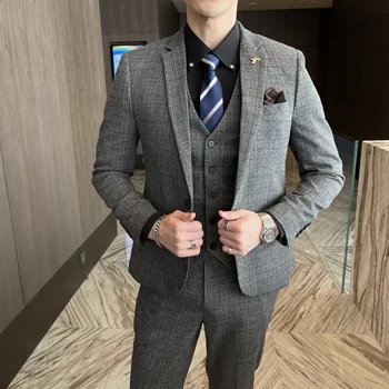 British Korean Style High Quality Modified Plaid Three-Piece Suit for Men - Stylish Business Casual Suit Vest And Trousers Set 4
