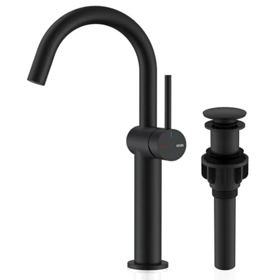 

Tall Bathroom Vessel Sink Faucet for Vanity Use Matte Black Finish Single Handle Single Hole Design with Pop Up Drain and Suppl