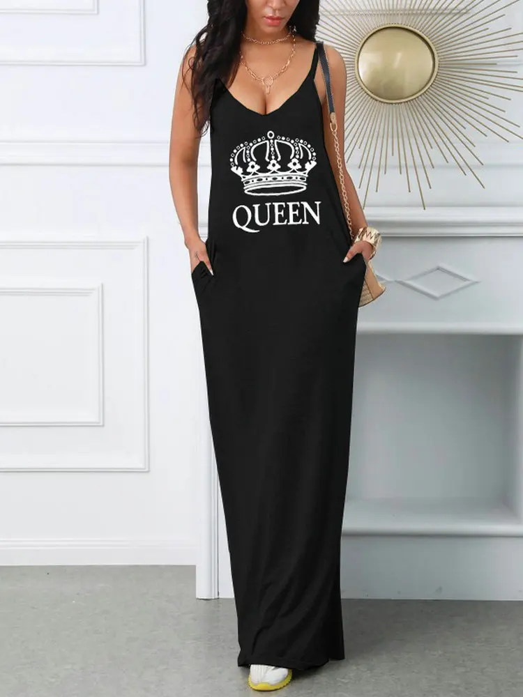Women\'s Summer QUEEN Letter Printed Slim Fit V-neck Sexy Dress  Puff Short Sexy Women\'s Clothing Vacation  Female Dresses