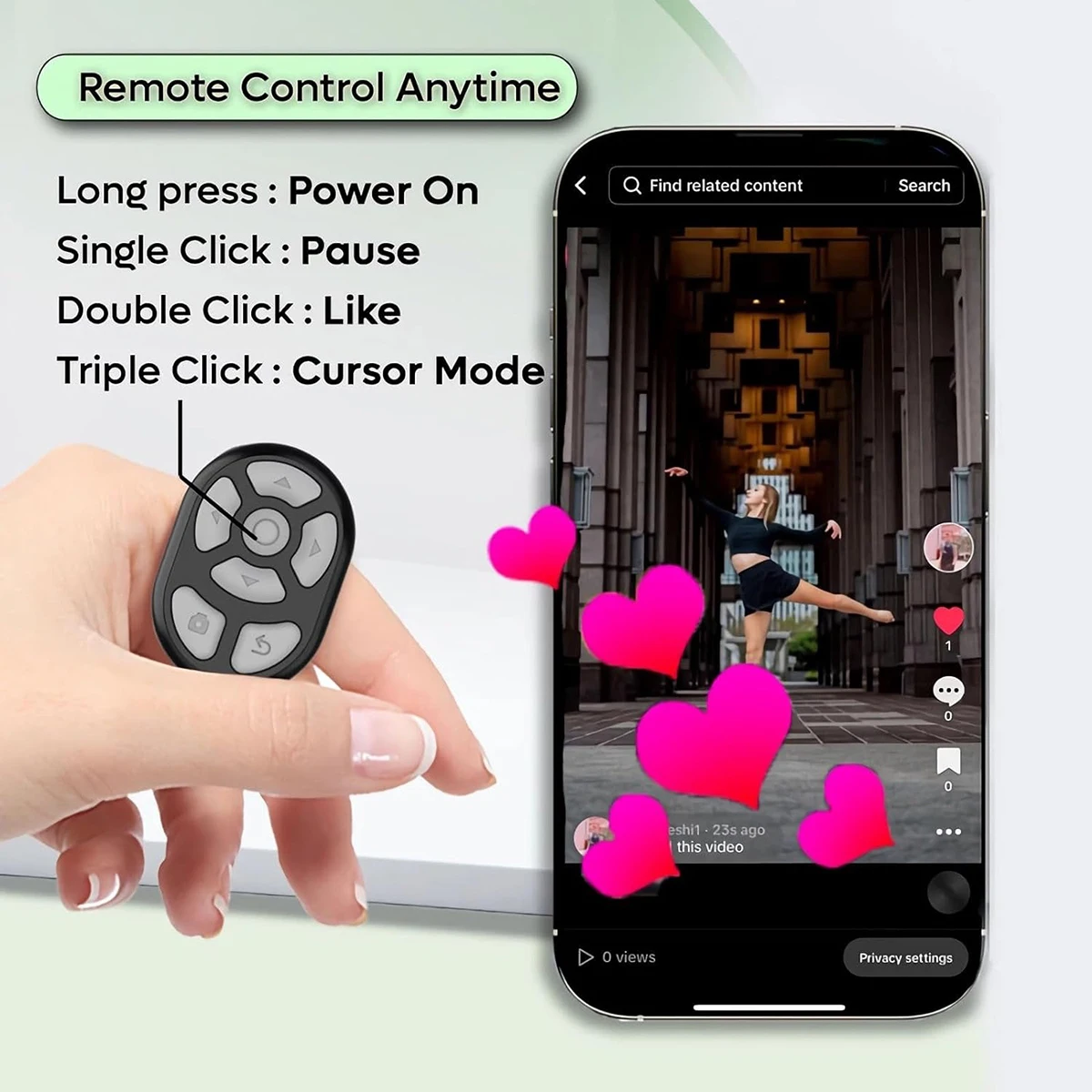 جهاز تحكم عن بعد بحلقة بلوتوث لاسلكية، وحدة تحكم فيديو لصور السيلفي بأطراف الأصابع لصفحة Tik Tok Turner لتصفح iOS Android