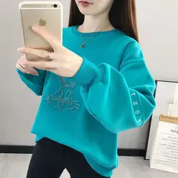 Spring Autumn Women's Clothing Pullover Screw Thread Cartoon Letter Rhinestone Embroidered Lantern Long Sleeve Loose Tops