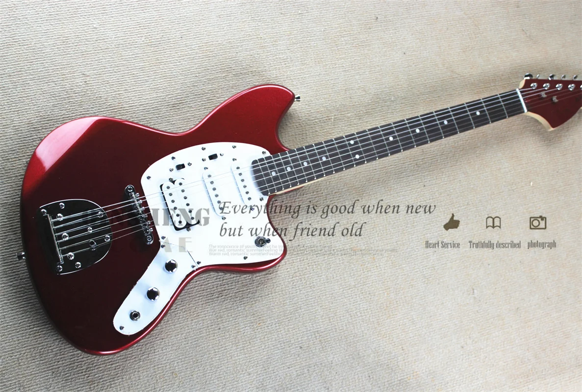 Metal Red Electric Guitar Jag Guitar Basswood Body Maple Neck Vintage Tuners White Pickguard Tailpiece