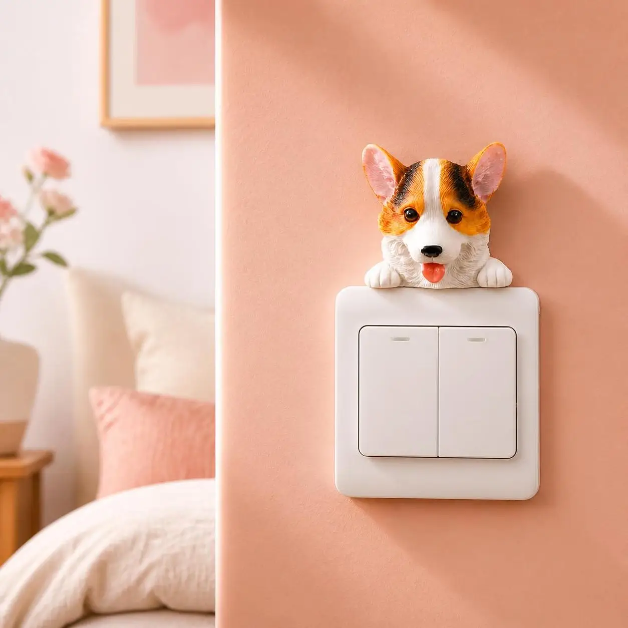 3D Dog Switch Decals Self-Adhesive Wall Socket Sticker Resin Decorations Cute Funny Accessories for Bedroom Room Wall Art Home