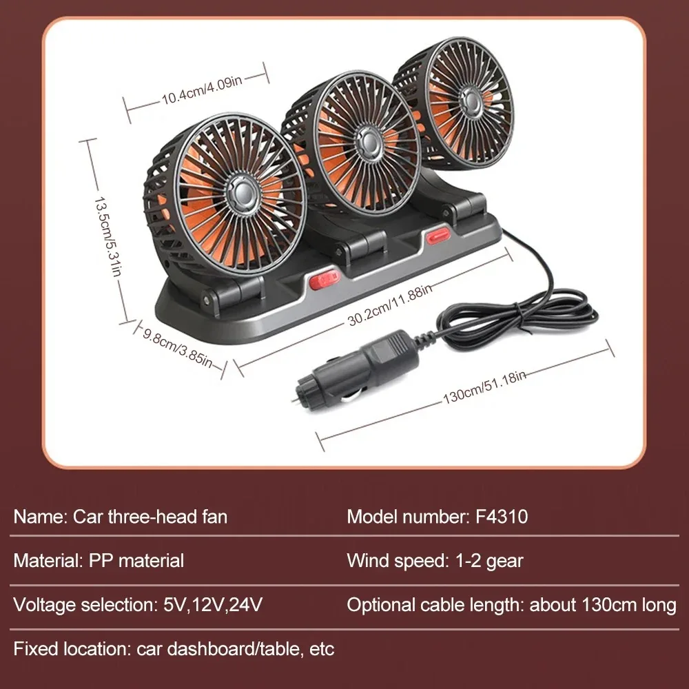 Autoventilator 360° °   Einstellbarer 3-Kopf-Luftventilator, elektrischer Kfz-Ventilator, USB/12 V/24 V, 2 Geschwindigkeiten, leiser Auto-Ventilator für Zuhause, Schreibtisch, Büro und Auto