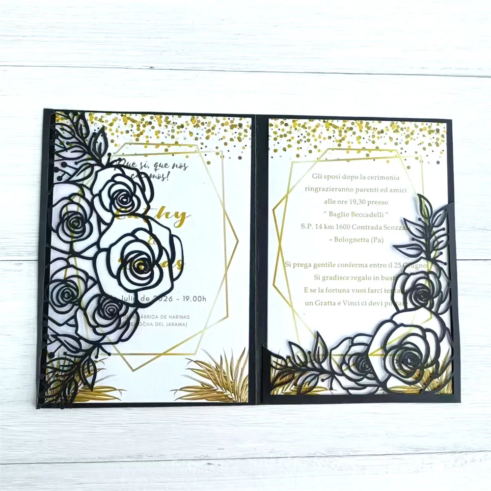 Floral Laser Invitation Cards Folder, Pocket Envelope, Wedding, Engagement, Birthday, Housewarming, 50Pcs