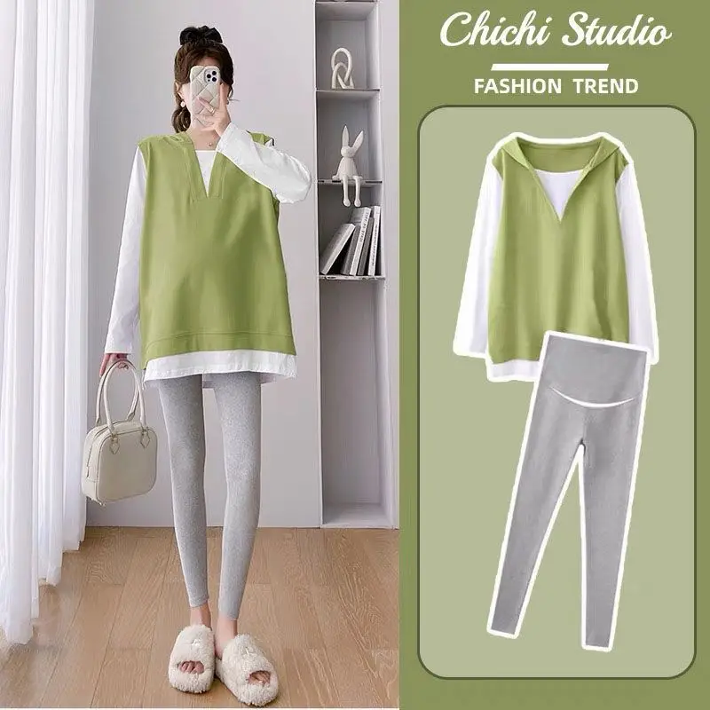 2026 New Maternity 2 Piece Outfit Chic Fake Two Piece Long Sleeve Sweatshirt Set Age reducing Basic Tops for Pregnant Women Wear