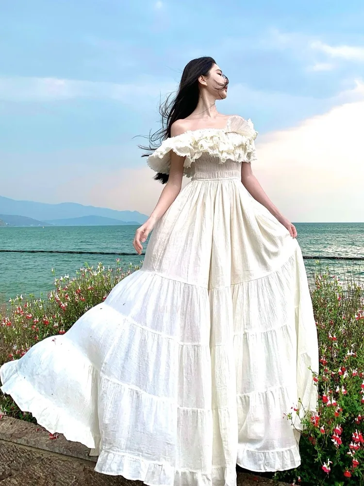 

Summer Sexy Off Shoulder Slim Pleated Holiday Long White Dress Vintage Women Ruffles Short Sleeve Beach Vacation Party Dresses