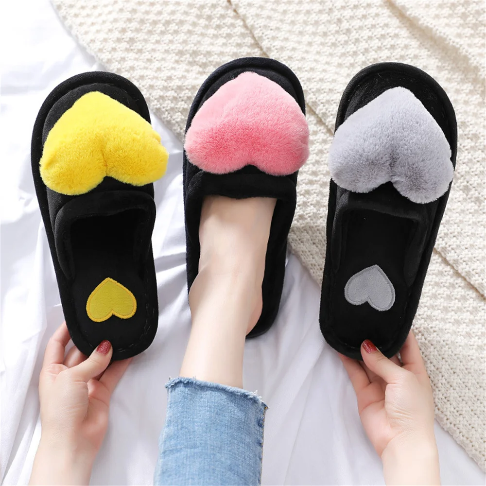 Women Indoor Warm Home Slippers Bedroom Cute Heart Pattern Non-slip Soft Comfort Plush House Slippers Shoes Autumn Winter