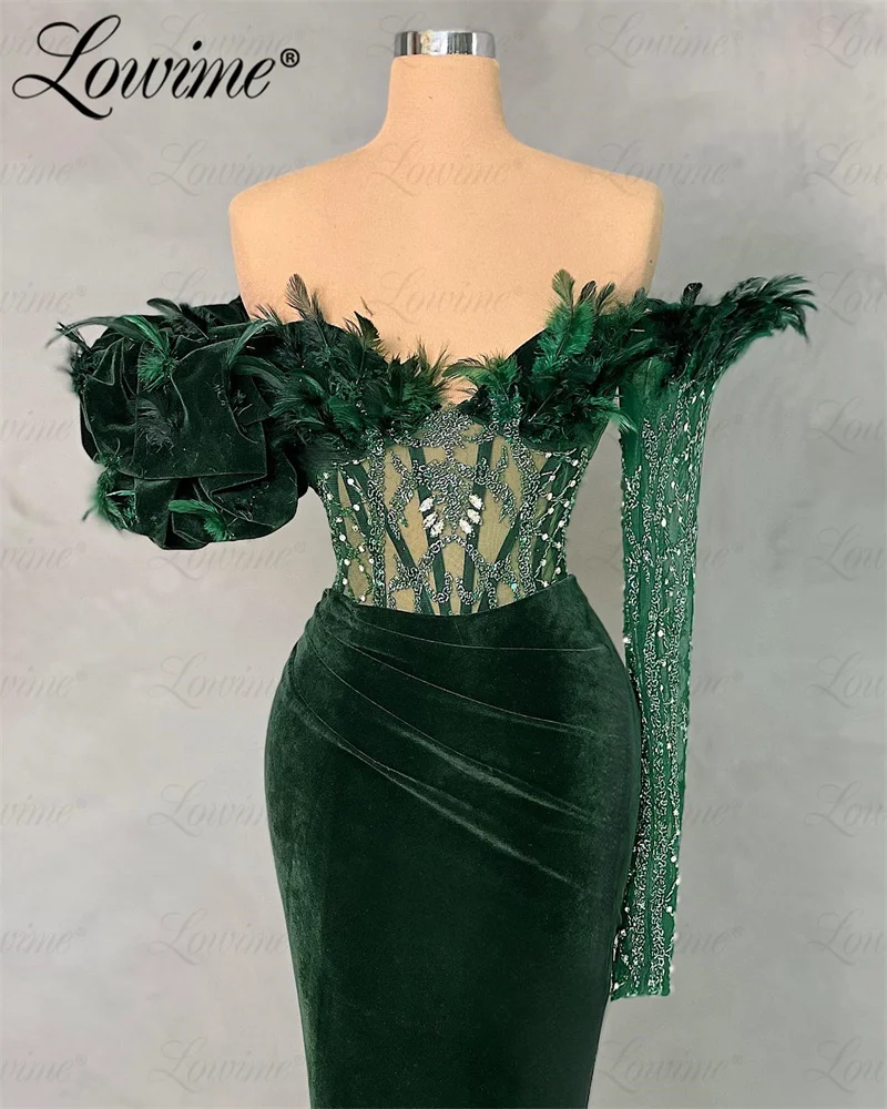 Green Velvet Sexy Party Dresses 2024 Customize Floor Length Feathers Long Sleeve Arabic Evening Gowns Robe De Soiree Prom Dress