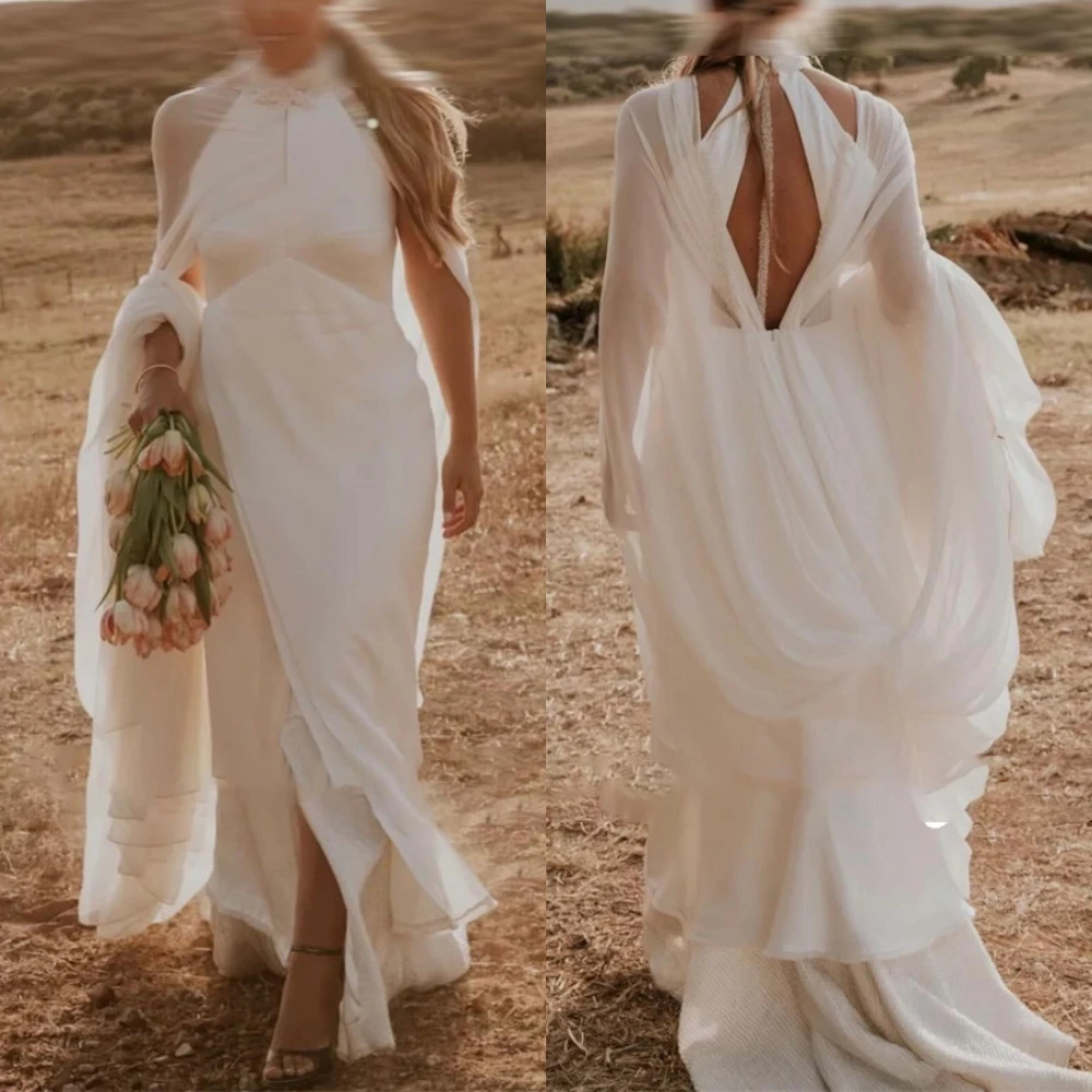 

Customized White Chiffon Exquisite High Collar Formal 2025Wedding Dress High Quality Bridal Party Delicate Bridal Gowns