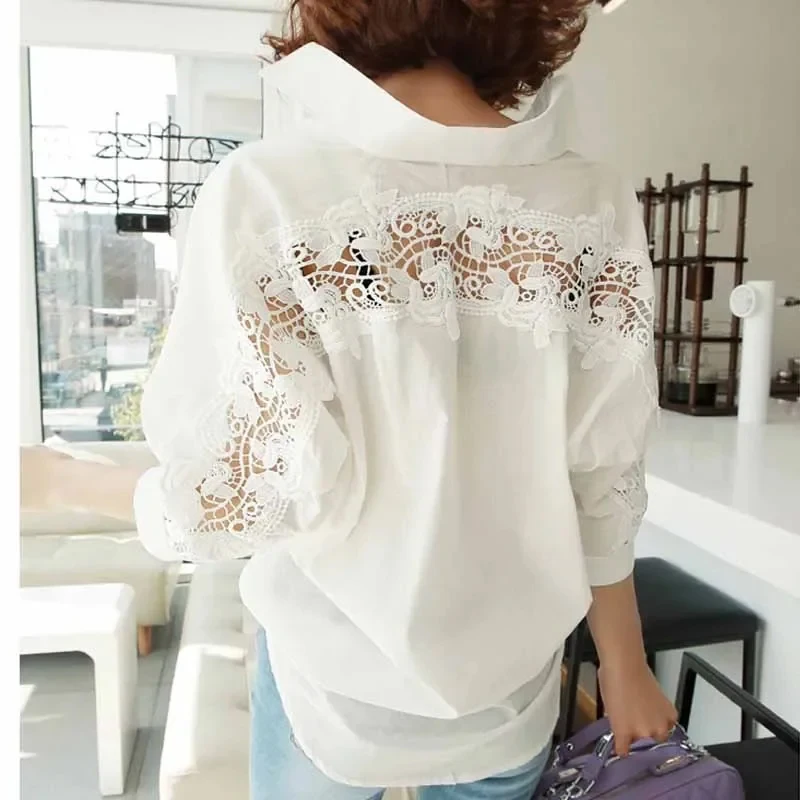 Fashion Sexy Cotton Lace White Shirts Turn-down Collar Women Embroidery Floral Blouse Hollow Female Shirt Loose Casual Tops 1310