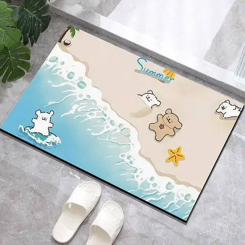 1 pc of beach cartoon diatomaceous earth bathroom floor mat, entrance door mat, bathtub foot mat, shower room absorbent door mat
