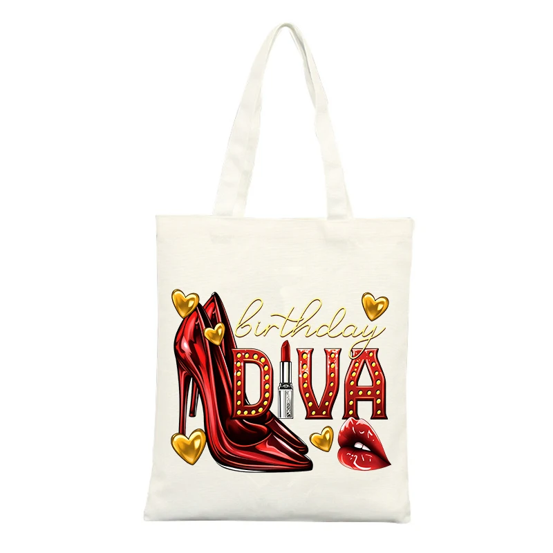 Canvas Tote Bag with High Heels and Lips Graphic, Ideal for Birthday Celebrations and Casual Outings