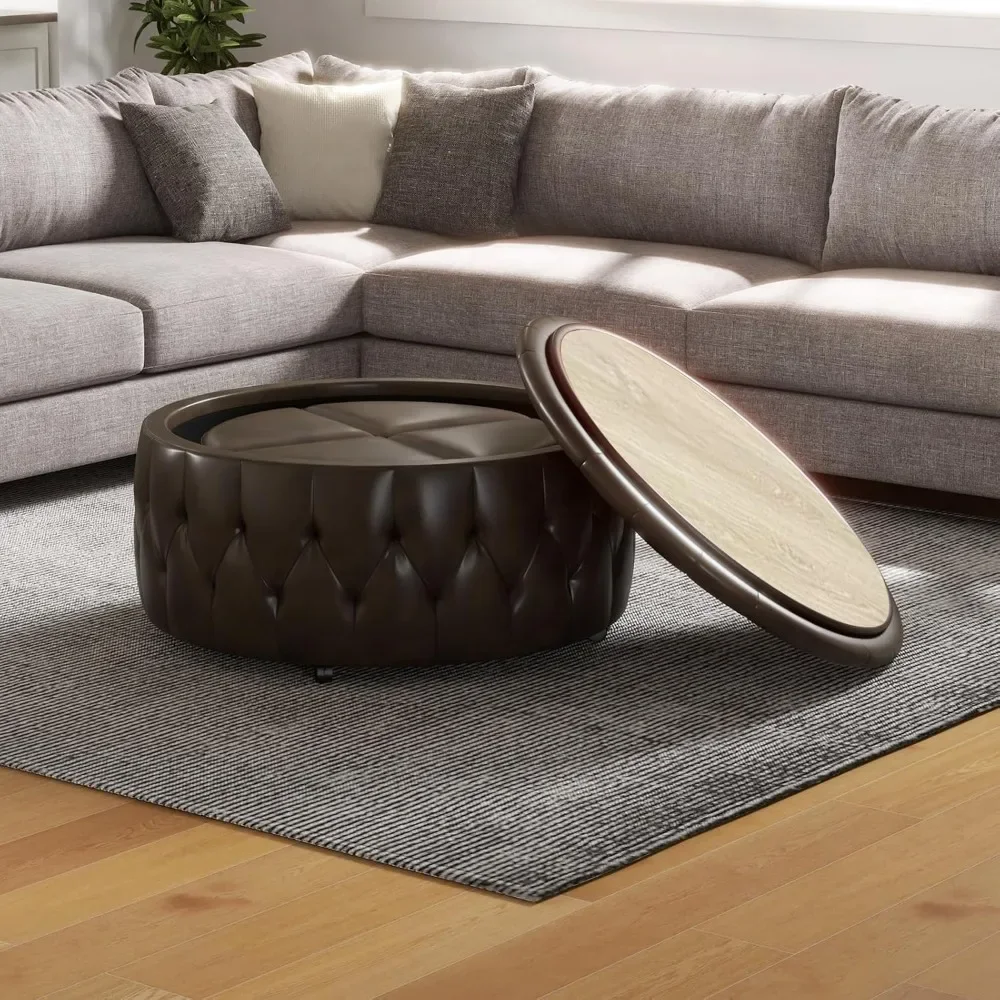 

36" Wide Storage Ottoman Large with 4 Wheels,Tufted Round Storage Ottoman with Removable Lid, Coffee Table Seat Inside 4 Stools