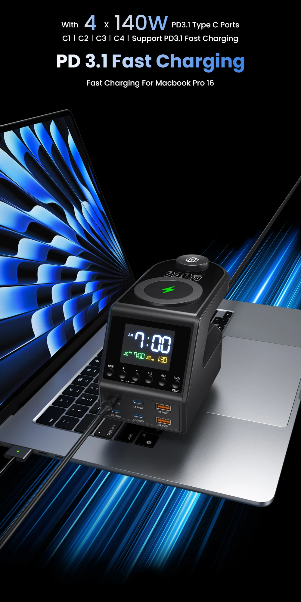 240W GaN Charger Station 4×140W PD3.1 USB Type C Wireless Fast Charger for MacBook iPad Samsung Alarm Clock Time Display