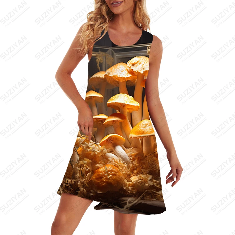 Vestido de cogumelo 3D feminino estampado, tamanho grande, sem mangas, gola redonda, casual, moda de rua, clássico, verão