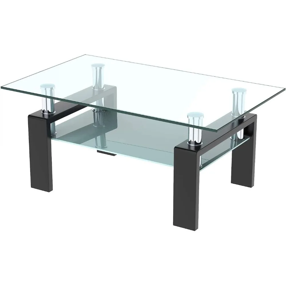 

Black Rectangle Glass Side Coffee Table With Lower Shelf Legs-Suit For Living Room