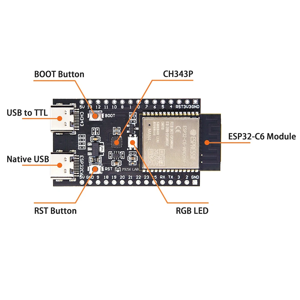 Módulo de desarrollo de ESP32-C6 1-10X, WiFi, Bluetooth, Compatible con ESP32-C6-WROOM-1, placa de sistema mínima, doble tipo C RISC-V 512KB SRAM