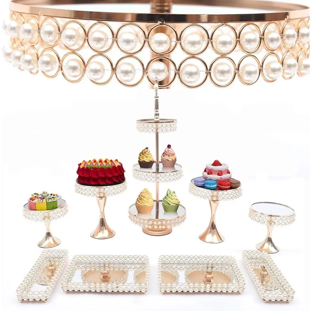 

Gold Tiered Cake Stand Set for Weddings, 9-Piece Dessert Displays, Beaded 3-Tier Pastry Stands