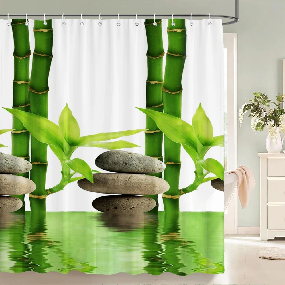 Zen Bamboo Spa Shower Curtain Green Bamboo Stacked Black Stone Plumeria Lotus Flower Water Reflection Meditation Nature Print Wa