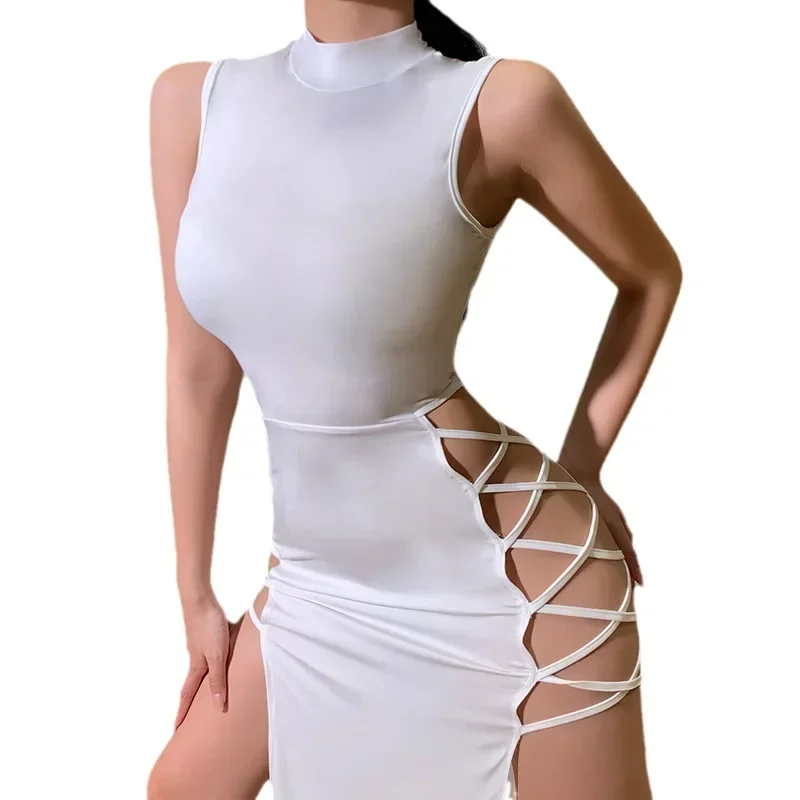 Sexy Bodycon Mock Hals Mouwloze Jurk Vrouwen Kleding Kriskras Cross Uitgesneden Jurk