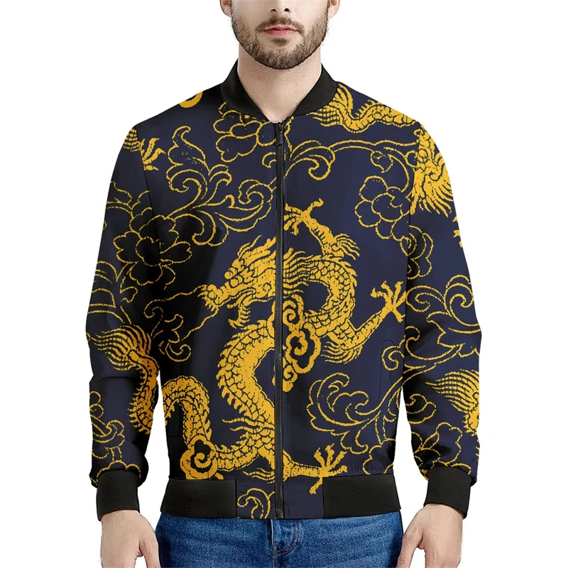 Chinese Dragon Print Zipper Hoodies Sweatshirts 3D Print Jackets For Men Casual Fashion Stand Collar Coat Jacket Tops Clothing