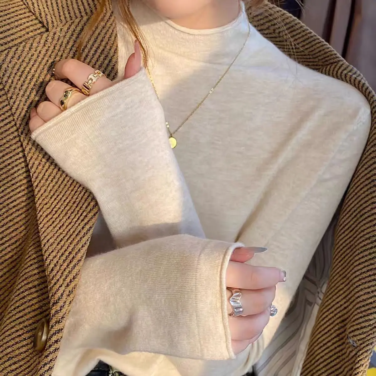 

Универсальный базовый трикотажный длинный свек с высоким воротником, женская базовая одежда, осень-зима, облегающая внутренняя одежда, зимний матч