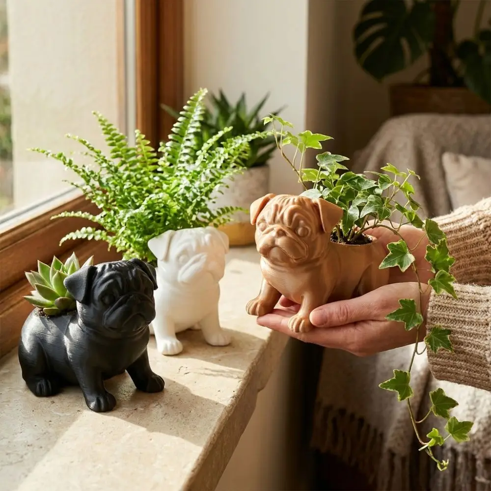 3D Printed Pug Shaped Planter Pot Funny Plastic Animal Shaped Pot Minimalist Handmade Pug Figurine