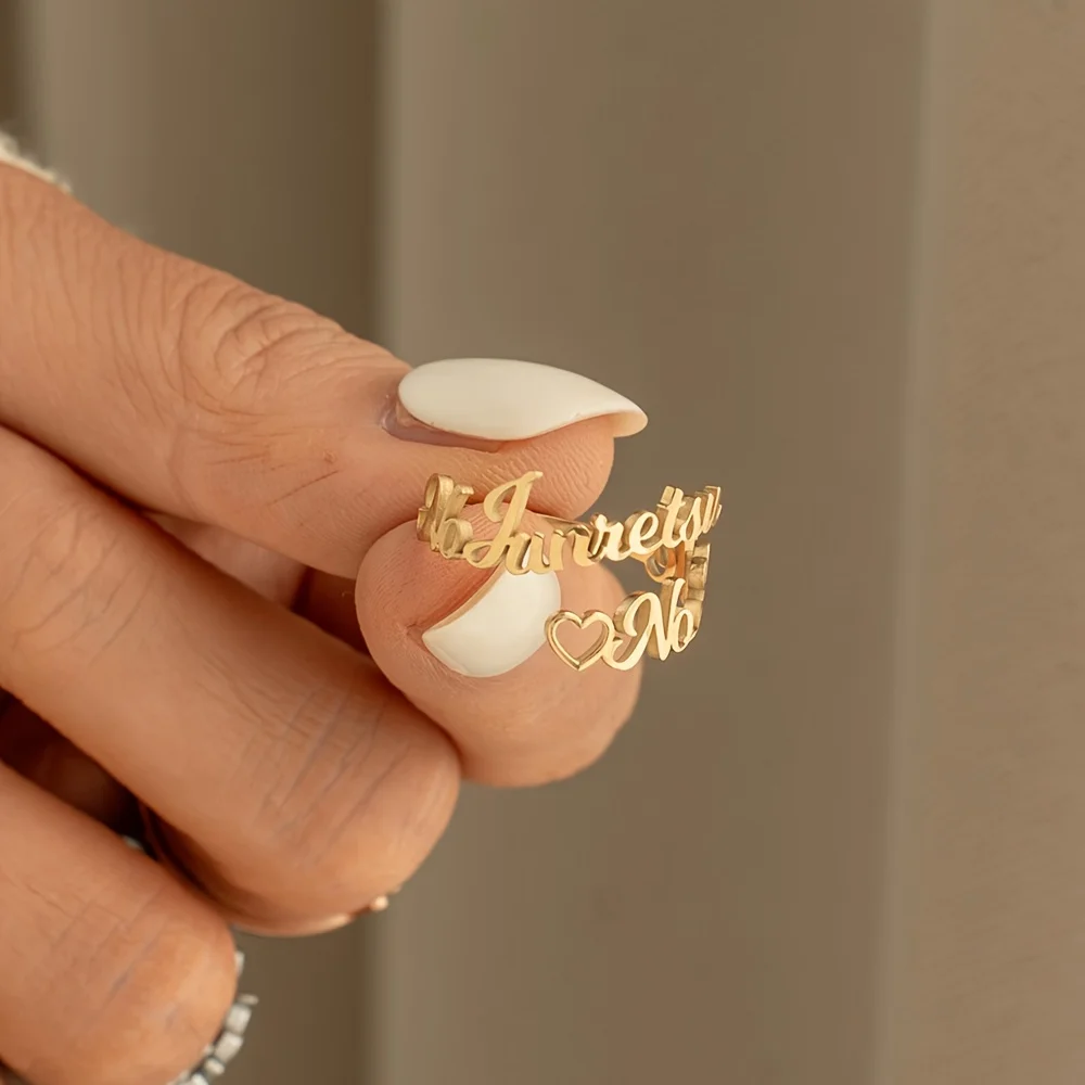 

With Heart Custom Name Couple Wedding Rings Stainless Steel Gold Color Personalization Multiple Names Anillos Jewelry Gifts