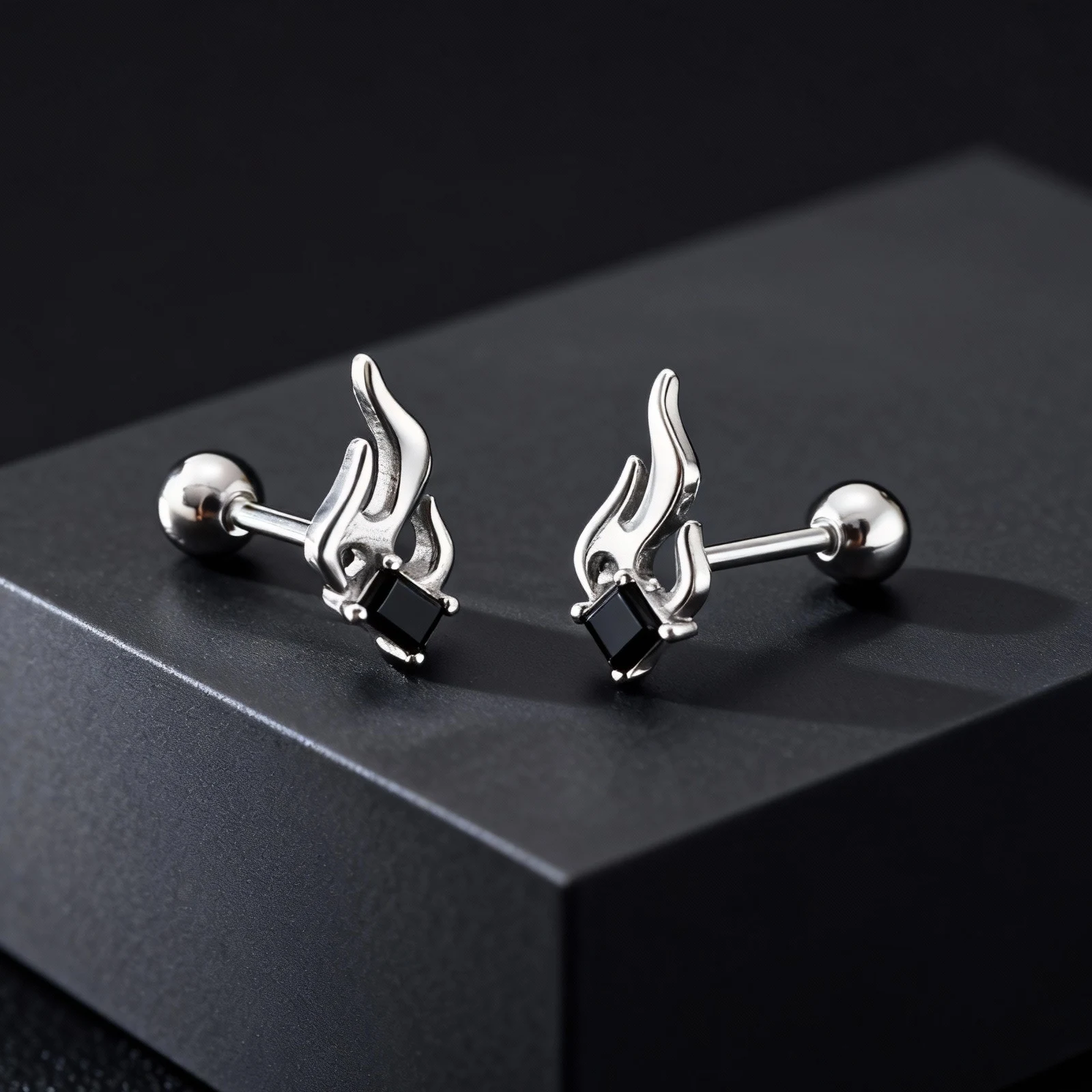 Vintage Flame Stud Earrings for Men, Trendy Black Cubic Zirconia Hypoallergenic Stainless Steel Earrings, Punk Hip Hop Jewelry