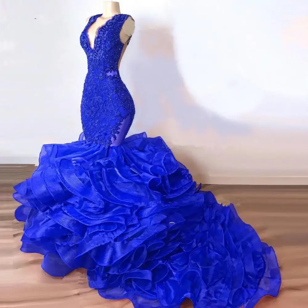 Luxury Royal Blue Lace Beaded Mermaid Evening Dresses Puffy Bottom Ruffles Long Prom Gowns Sexy Party Vestido Formatura