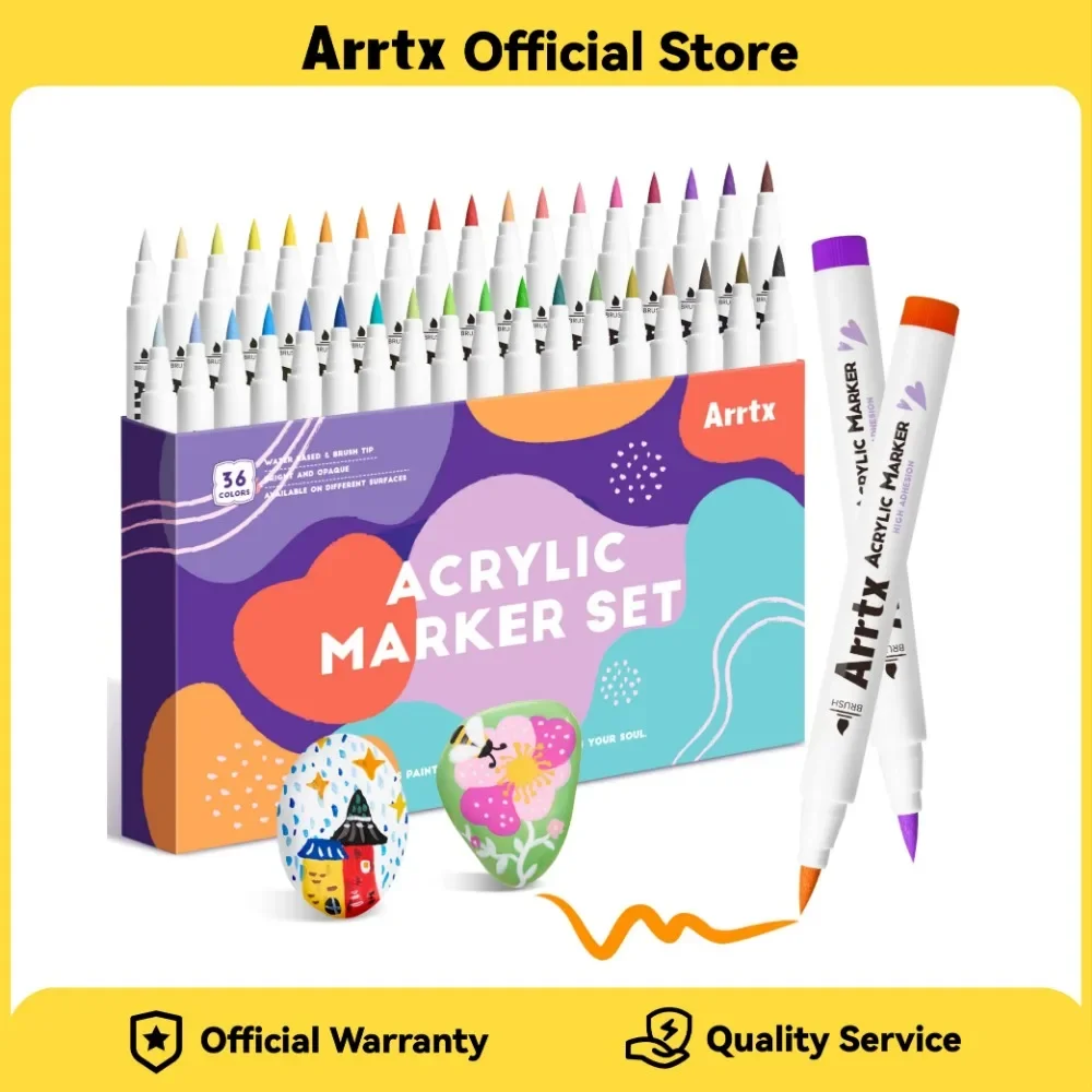 Arrtx 30/36/48/60/90 Colors Acrylic Marker Extra Brush Tip Paint Fabric Markers Paint Pen  Waterproof for Rock Painting Ceramic