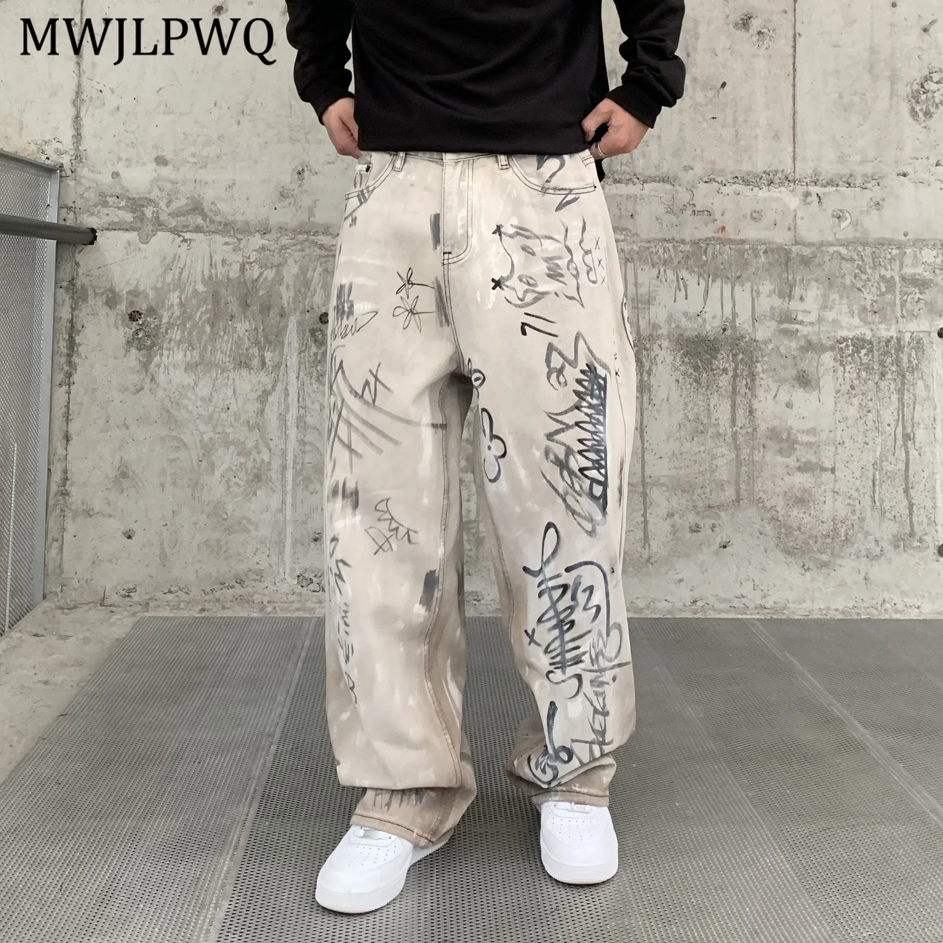 

MWJLPWQ серые джинсы High Street с разбрызгами чернил, мужская одежда в стиле хип-хоп, новинка 2025 года, трендовые повседневные прямые брюки в американском стиле 11408