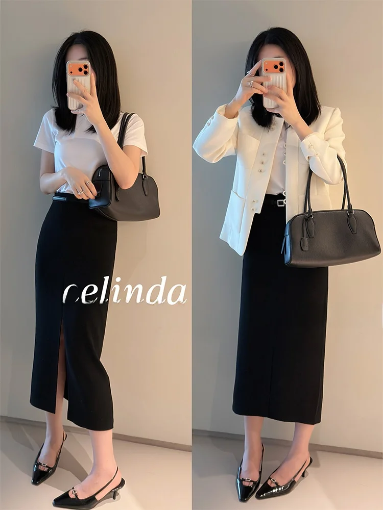 

Elegant Black Leather Waistband Triacetate Slimming Skirt High Waist Zipper Closure Daily Wear Skin-friendly Breathable