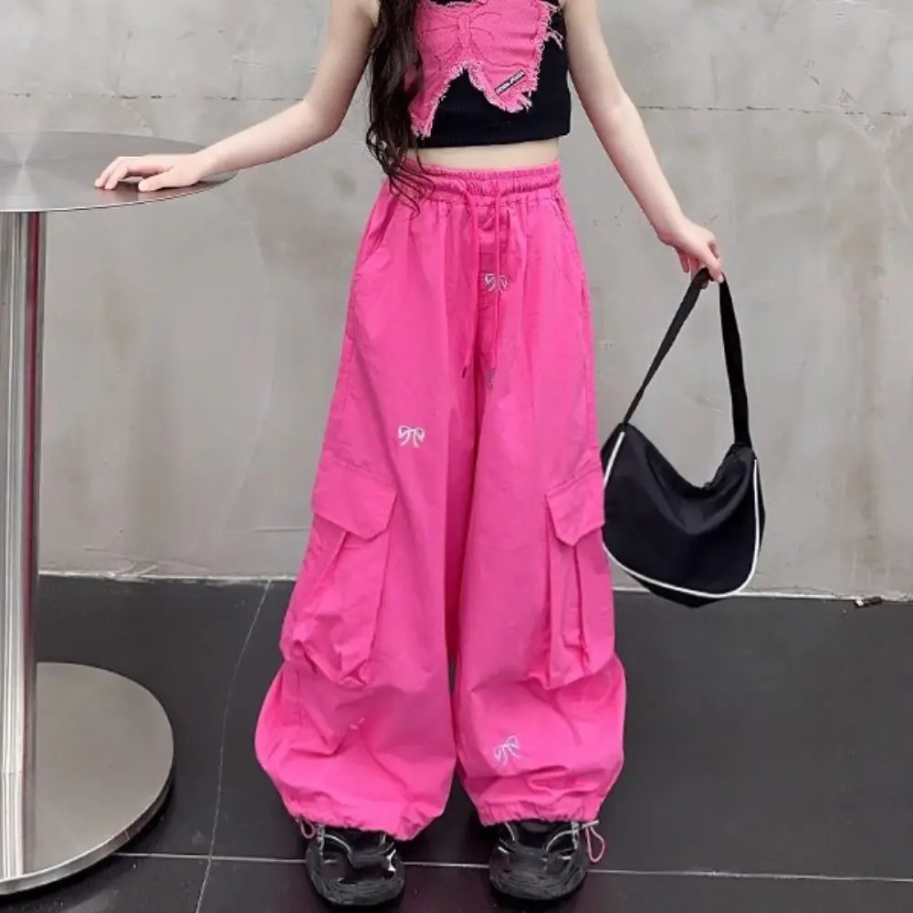 

Korean Embroidered Baggy Cargo Pants Multi Pockets Drawstring Sweet Bow Pants High Waist Wide Leg Y2k Pants Girl Dancing