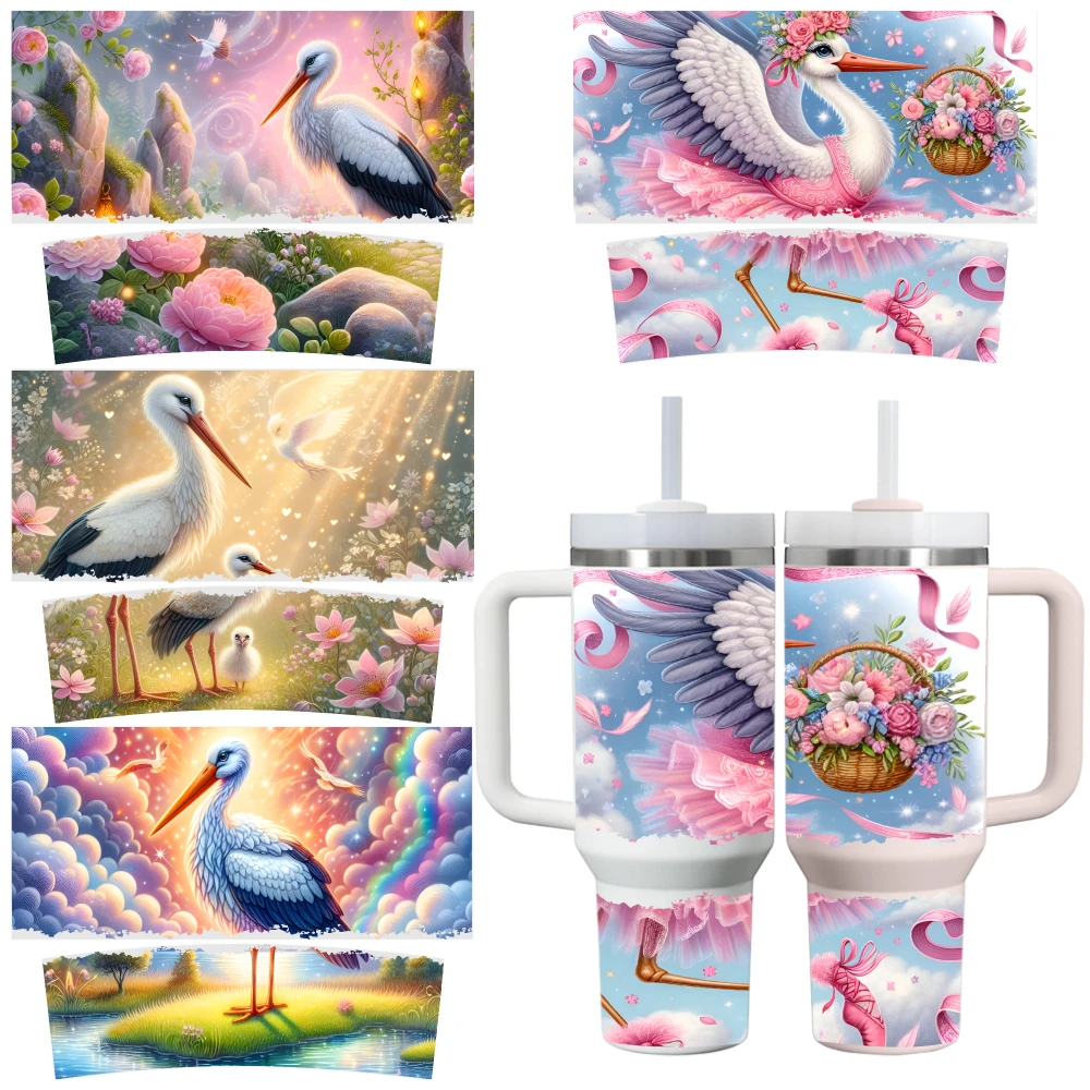 4 Sheets Stork Flower Sky Rainbow Clouds Water Birds Nesting UV DTF Stickers for 40oz Tumblers Decorative Vinyl Transfer