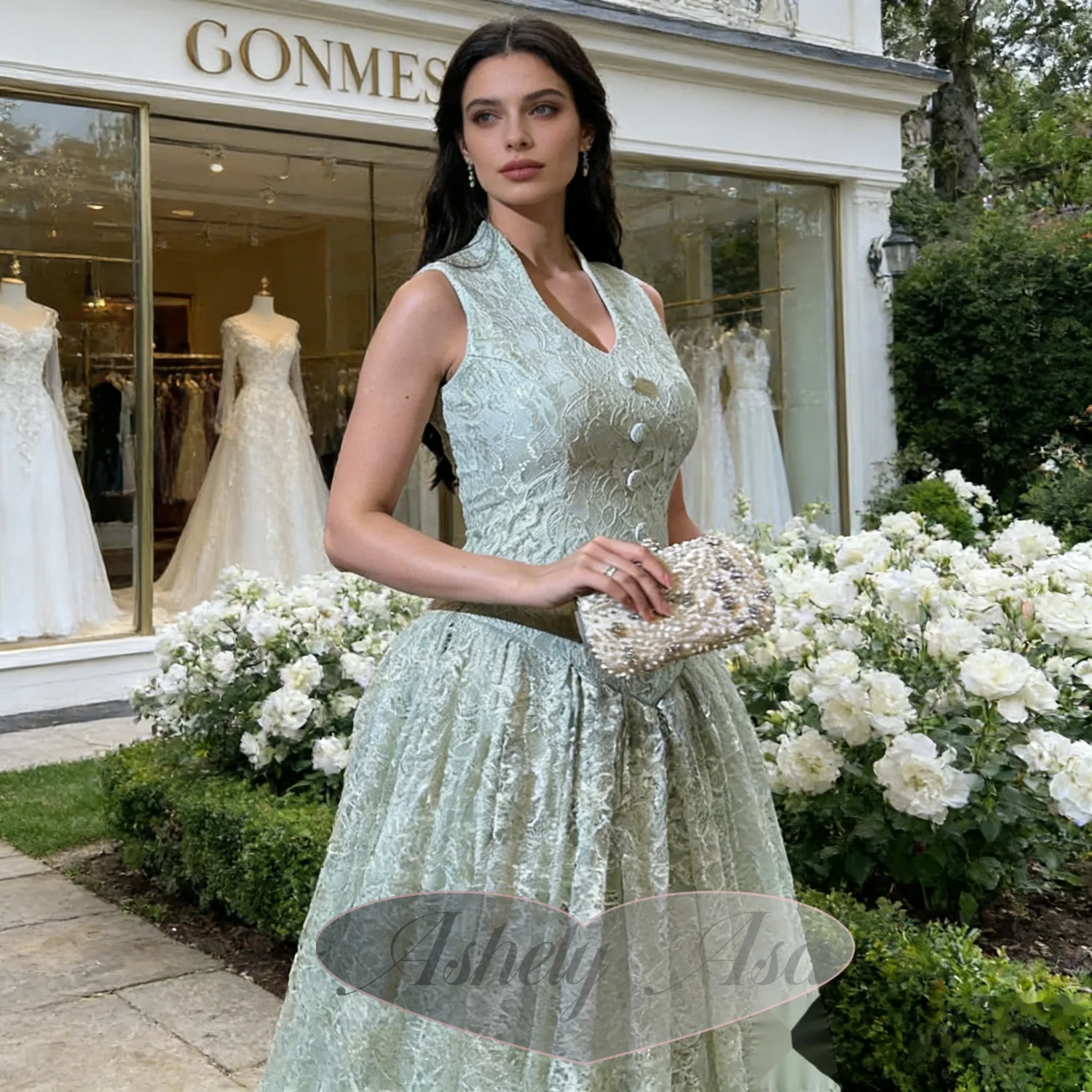 Maßgeschneidertes, elegantes, vintage-inspiriertes, süßes, grünes Spitzenkleid mit Knöpfen für formelle Anlässe, Abschlussball, Abendparty, Hochzeitsgäste, individuell gestaltet