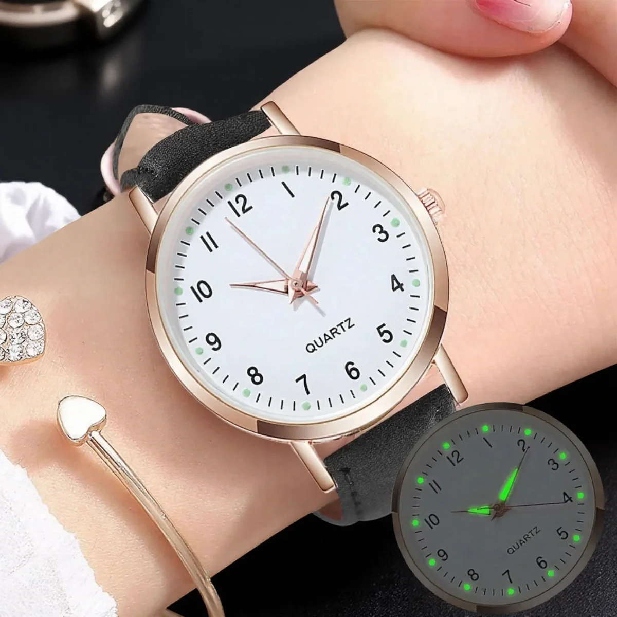 Casual Round Quartz Watch Luminous Analog Wristwatch PU Leather Strap for Women Girls Ideal Gift