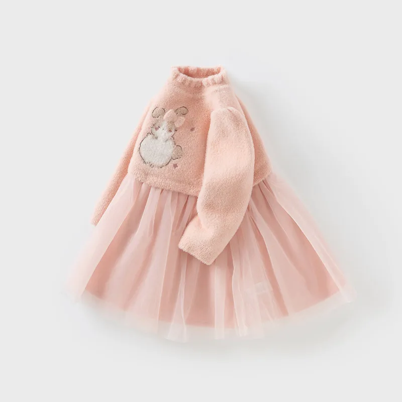 Dave Bella Princess Dress Girls Baby Children 2024 New Autumn Winter  Charm Cute Pink Fashion Long Sleeved Dress DB4243163