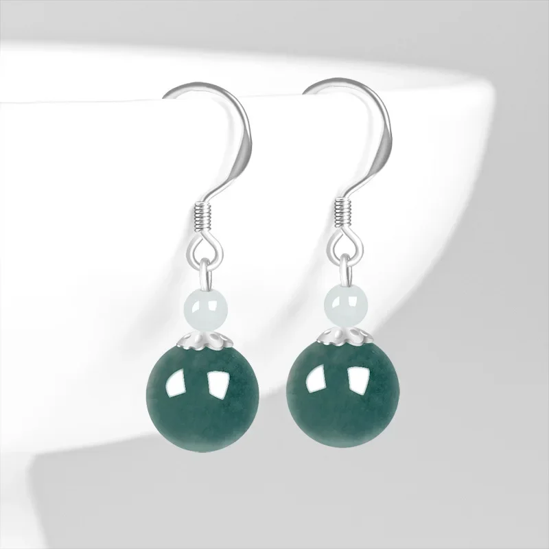 

High Grade S925 Silver Inlaid A-grade Real Jade Earrings Natural Blue Water Beads Ice Type Jade Fashionable Women's Jewelry Gift