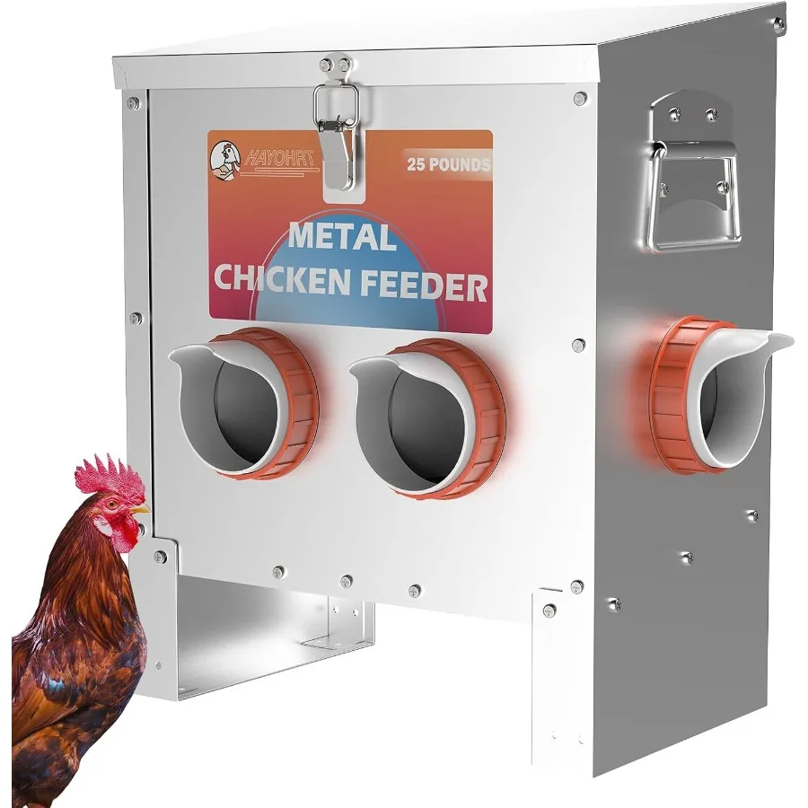mangeoire-automatique-pour-poulets-sans-conception-de-dechets-pour-les-volailles-capacite-de-25-livres-4-ports-d'alimentation-construction-metallique-durable-avec