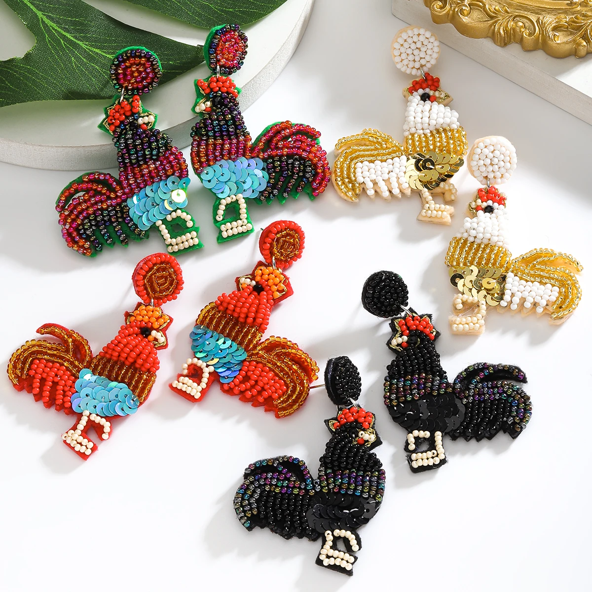 Best Lady Cute Rooster Chicken Dangle Earrings for Women Handmade Boho Weird Sequin Drop Dangling Earrings Fun Animal Jewelry